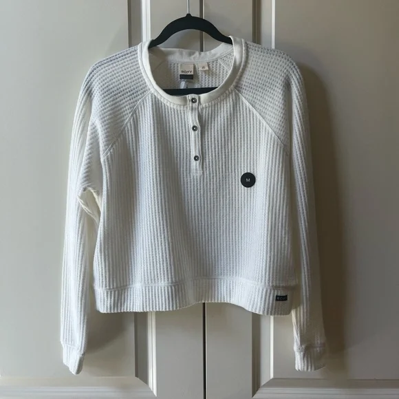 NWT ROXY Take It Home Cozy Waffle Knit Sweatshirt size Medium, White - Picture 2 of 10